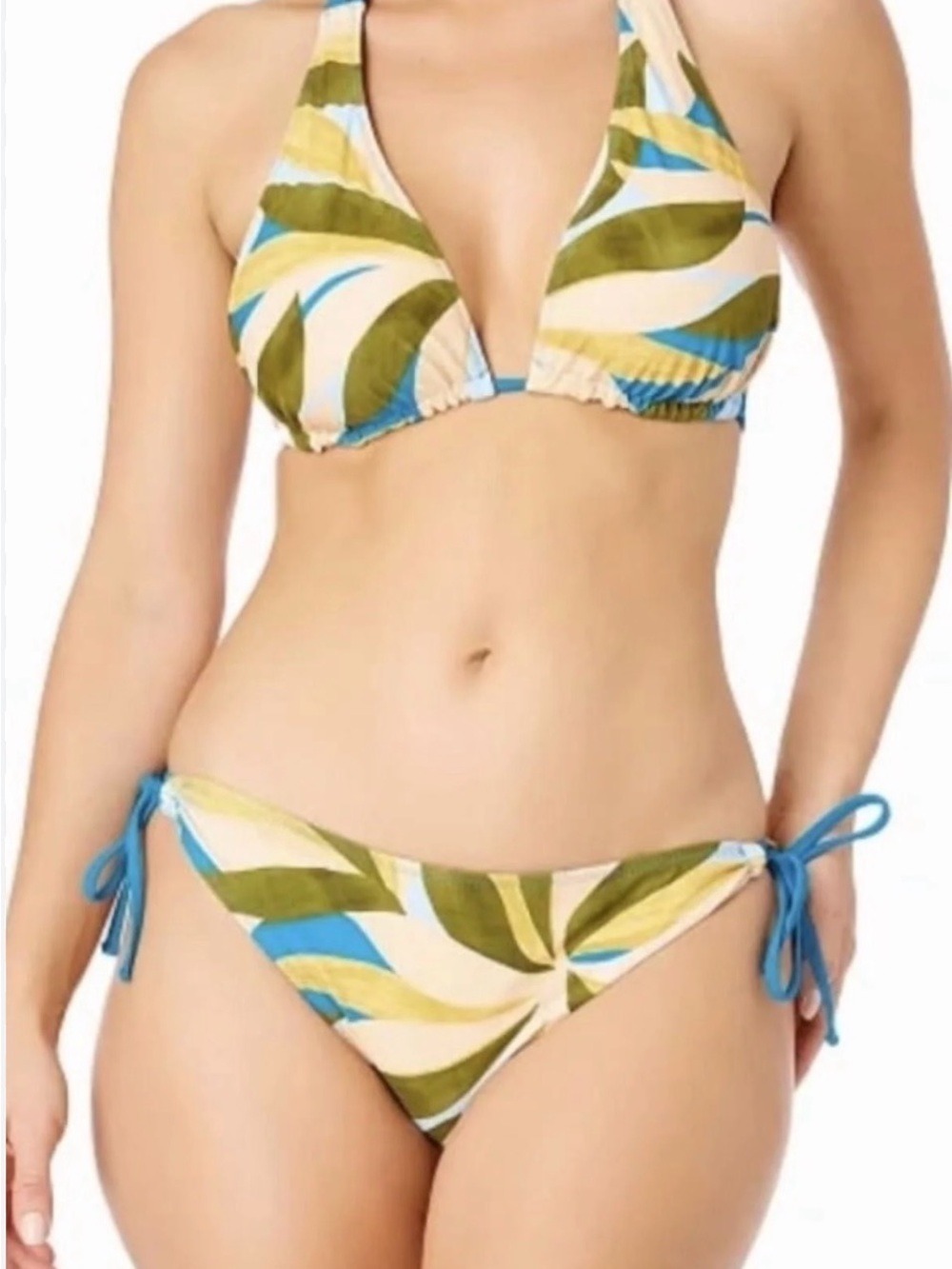 Hurley Green, Blue and Cream Leaf-Print Reversible Halter Bikini